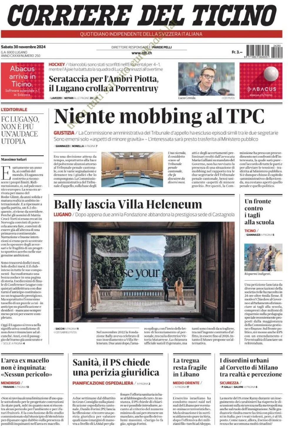 anteprima della prima pagina di corriere-del-ticino del 30/11/2024