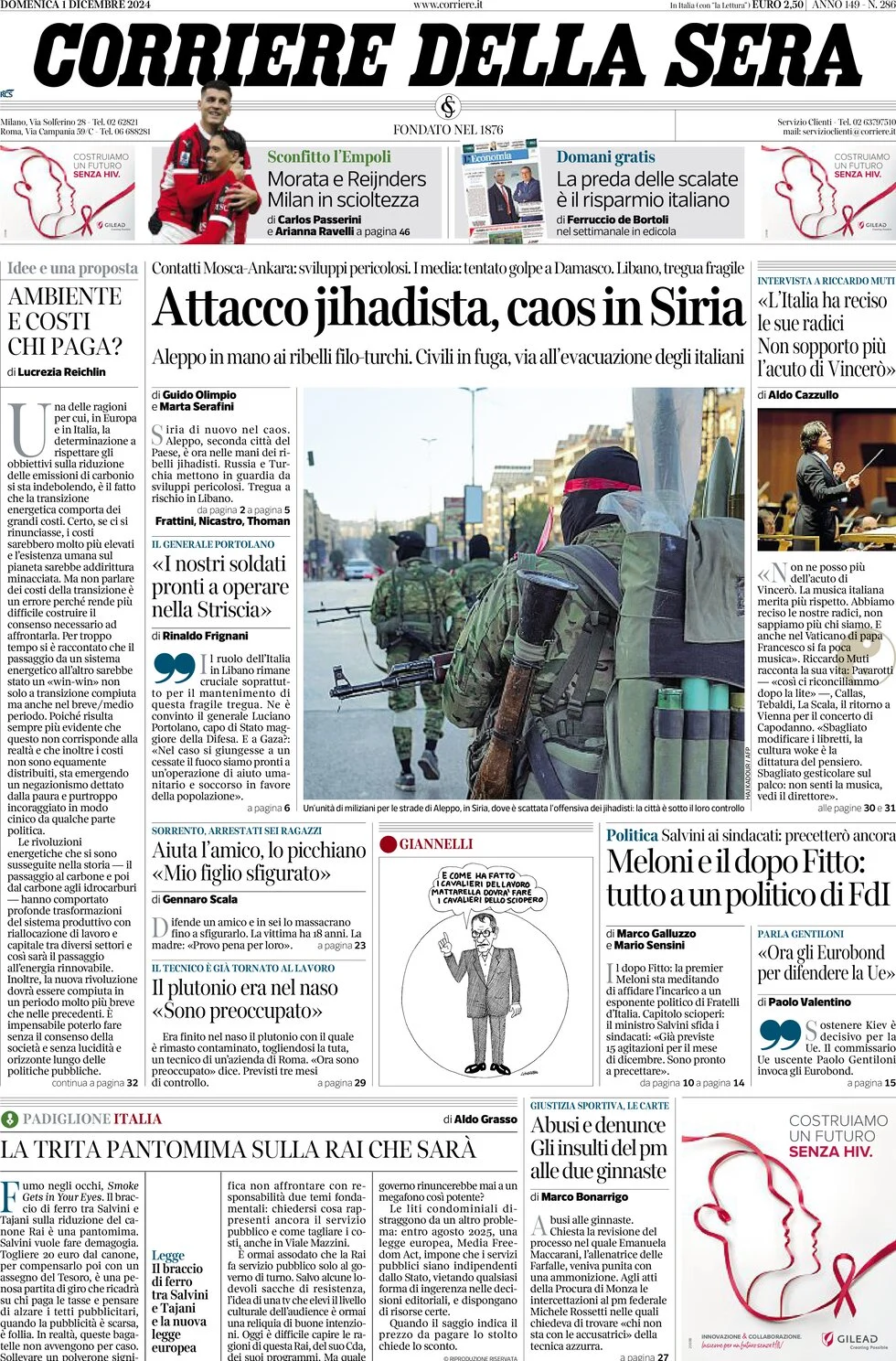 anteprima della prima pagina di corriere-della-sera del 01/12/2024
