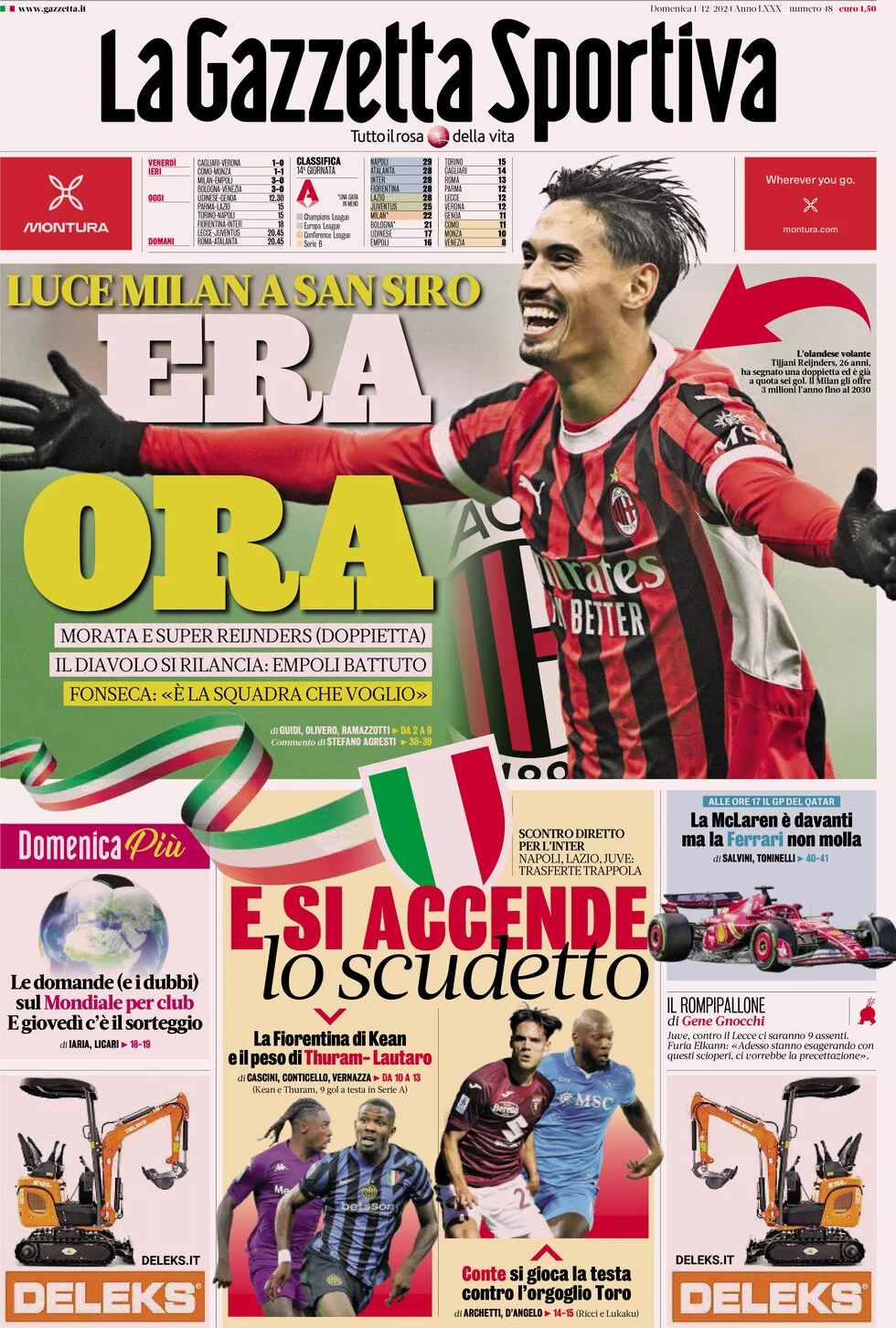 anteprima della prima pagina di la-gazzetta-dello-sport del 01/12/2024