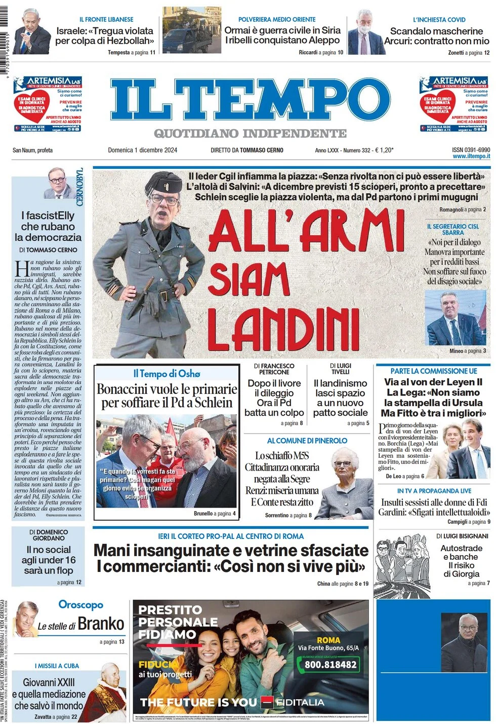 anteprima della prima pagina di il-tempo del 01/12/2024