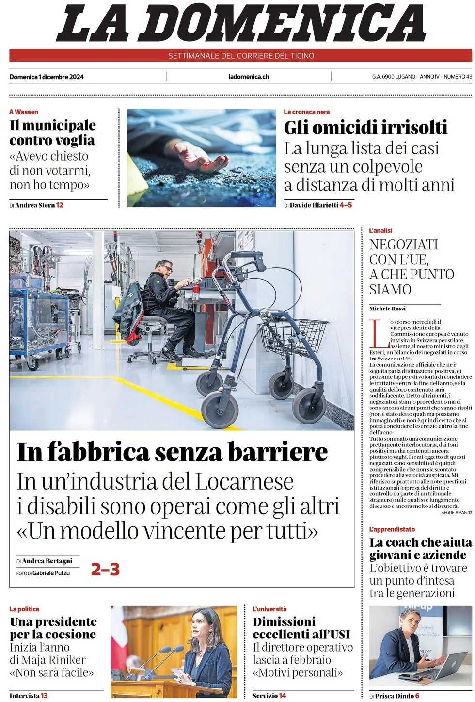 anteprima della prima pagina di corriere-del-ticino del 01/12/2024