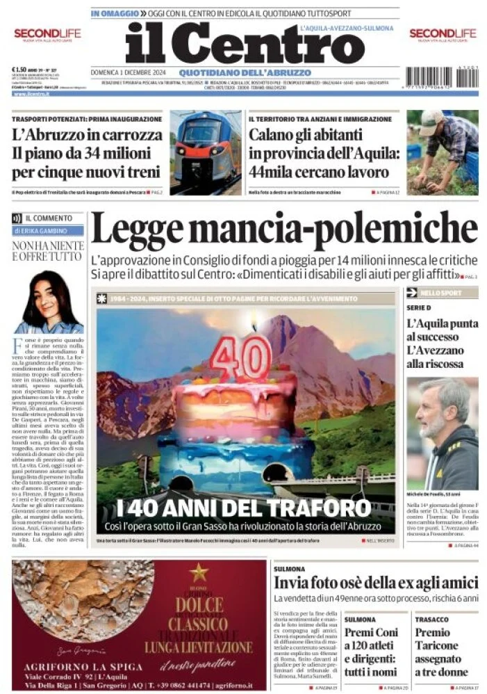 anteprima della prima pagina di il-centro-laquila del 01/12/2024