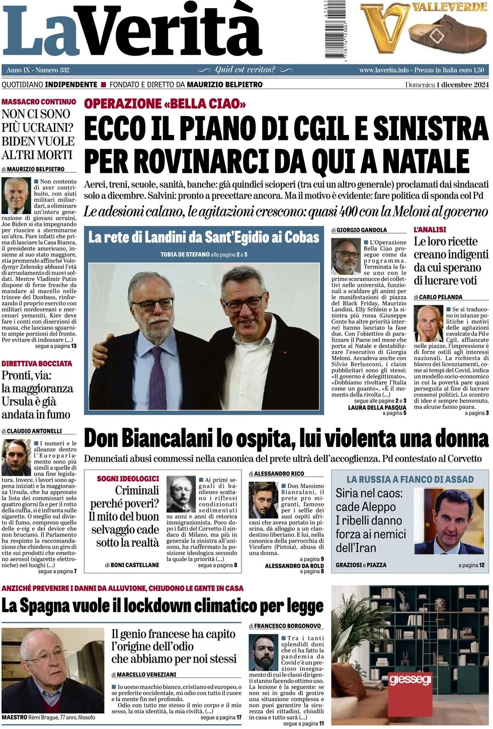anteprima della prima pagina di la-verit del 01/12/2024