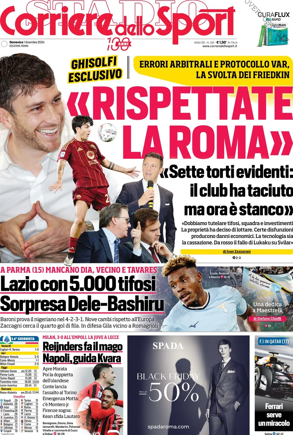 anteprima della prima pagina di corriere-dello-sport del 01/12/2024