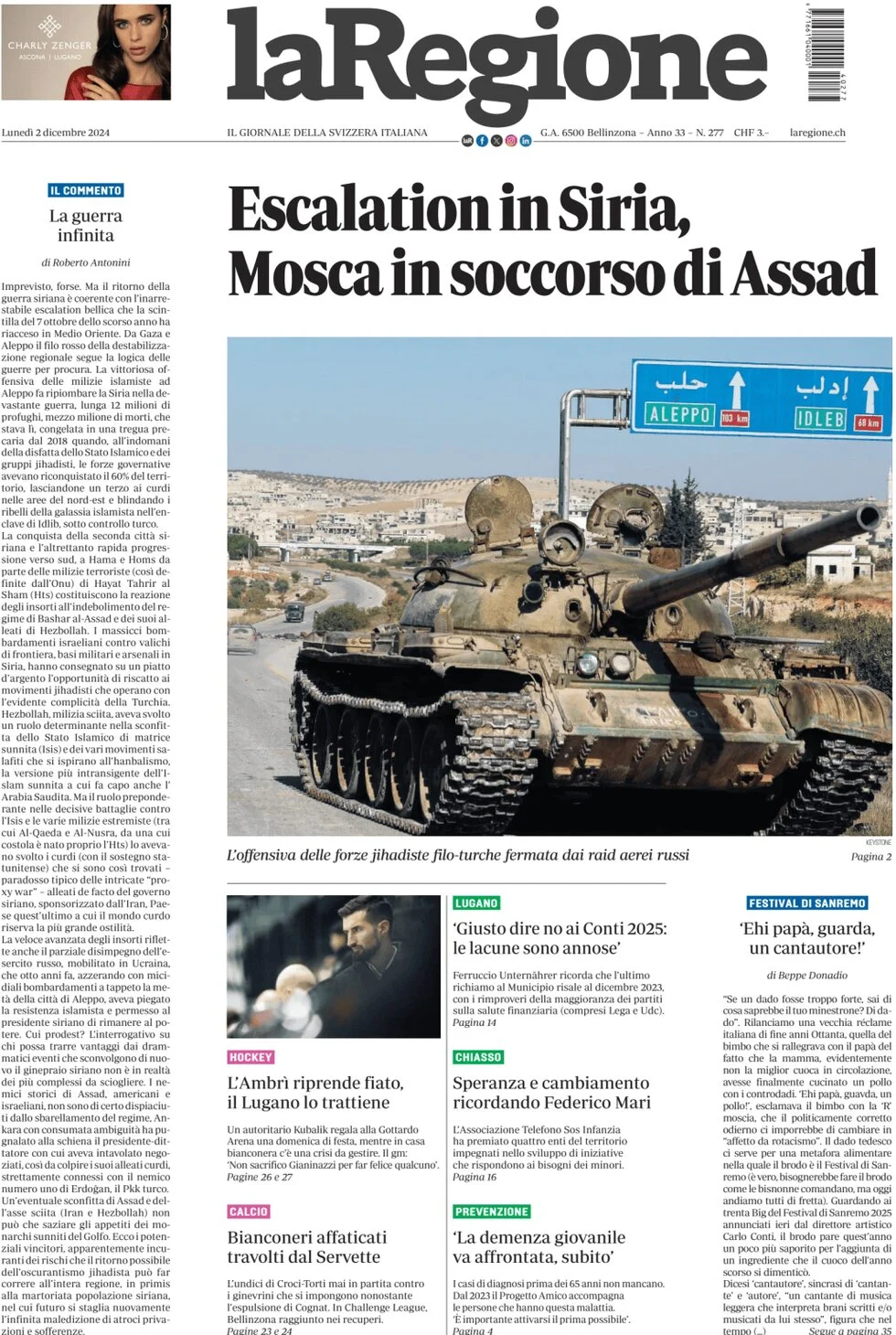 anteprima della prima pagina di la-regione del 02/12/2024