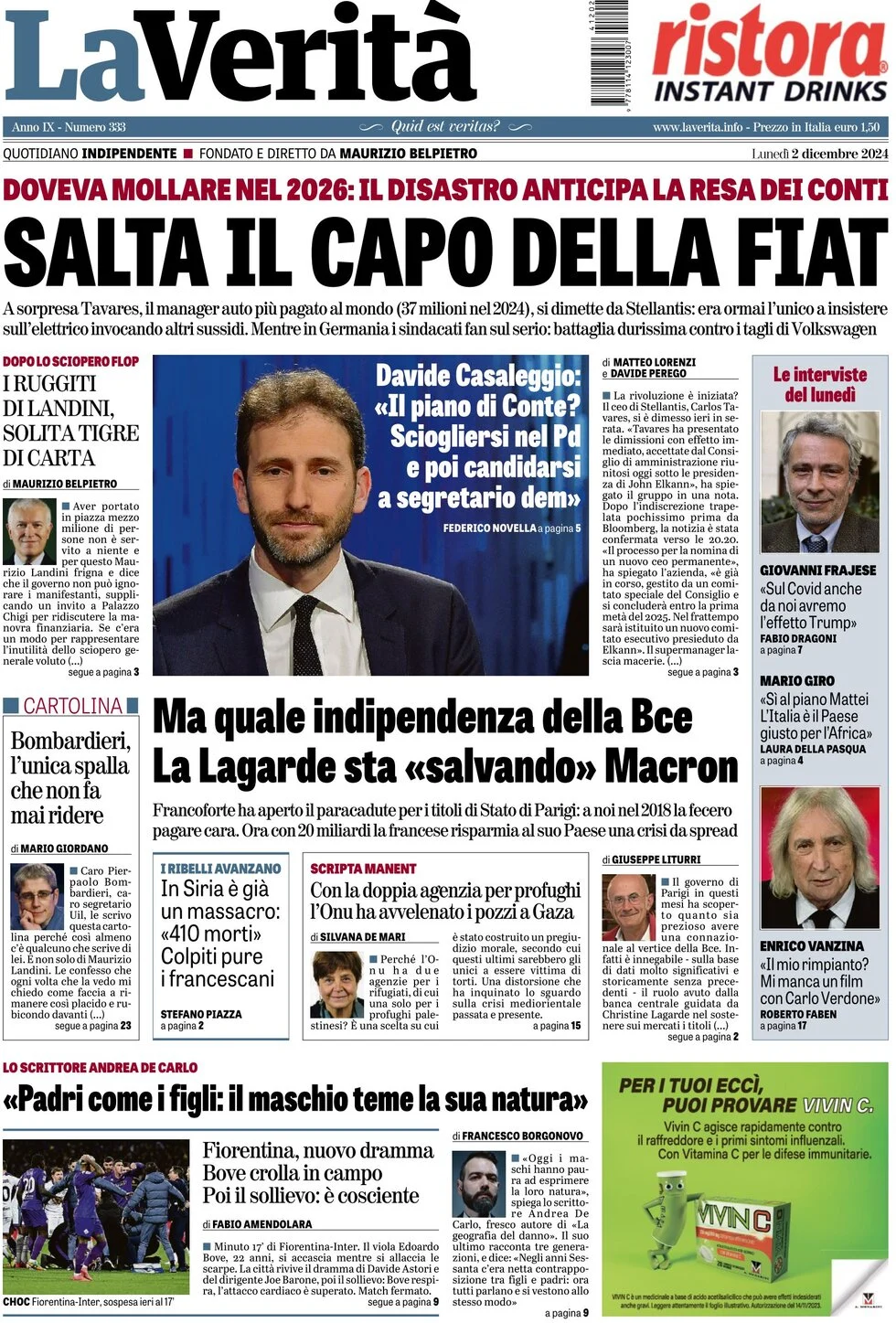 anteprima della prima pagina di la-verit del 02/12/2024