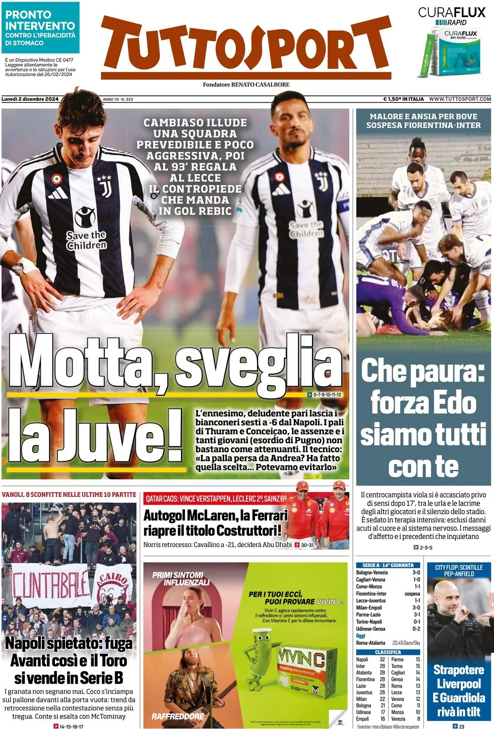 anteprima della prima pagina di tuttosport del 02/12/2024