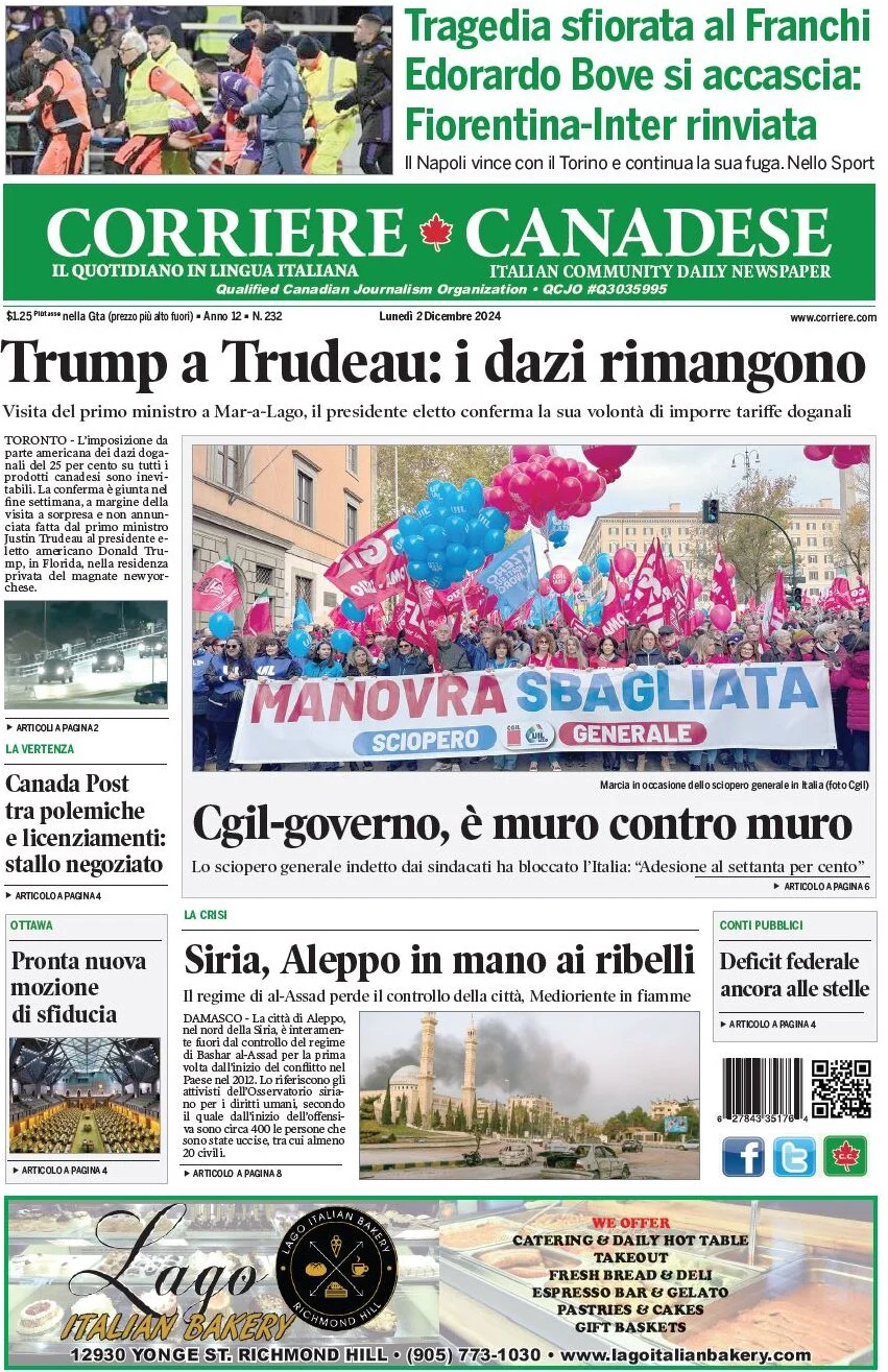 anteprima della prima pagina di corriere-canadese del 02/12/2024