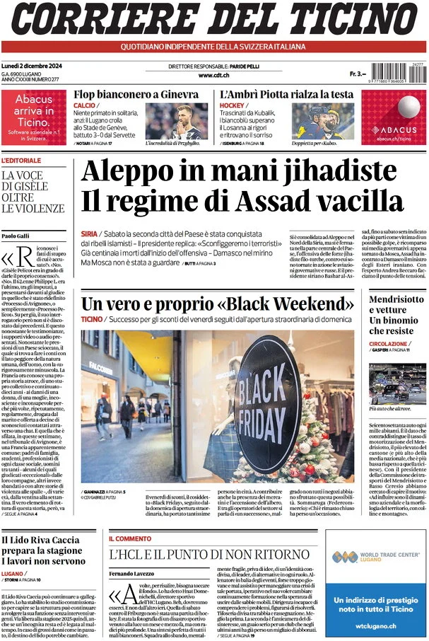 anteprima della prima pagina di corriere-del-ticino del 02/12/2024