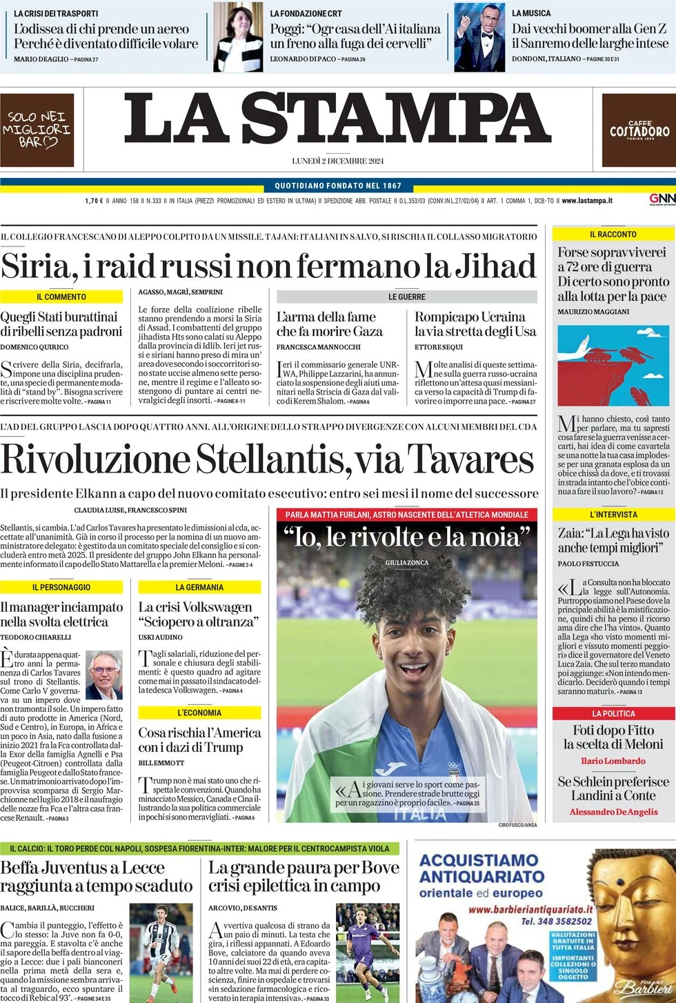 anteprima della prima pagina di la-stampa del 02/12/2024