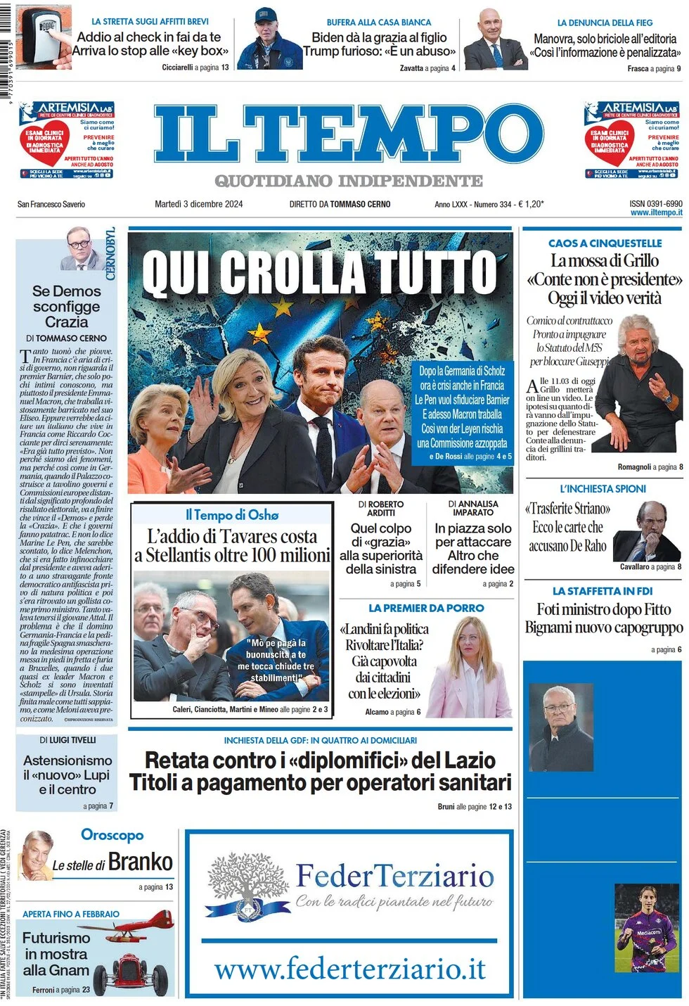 anteprima della prima pagina di il-tempo del 03/12/2024