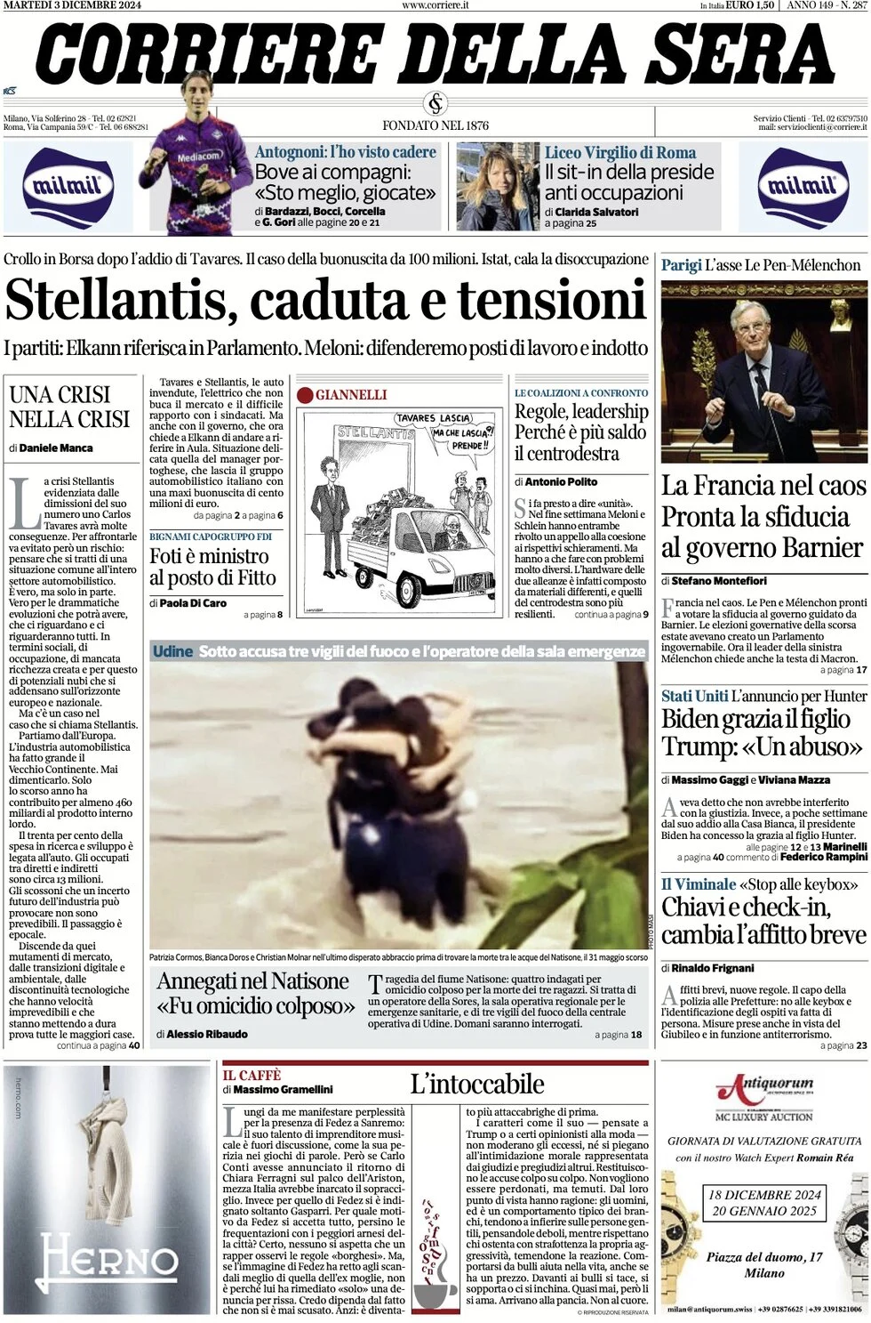 anteprima della prima pagina di corriere-della-sera del 03/12/2024