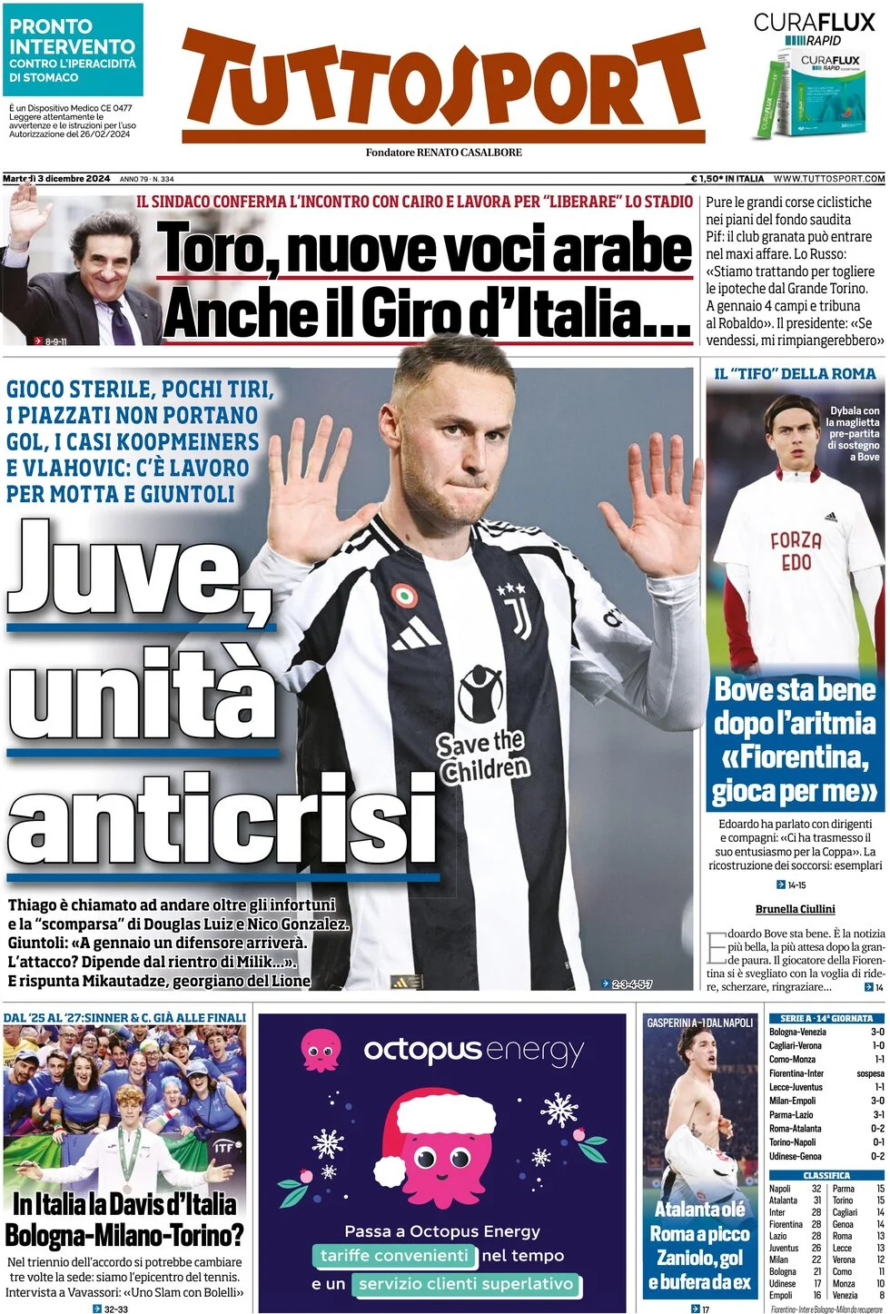 anteprima della prima pagina di tuttosport del 03/12/2024
