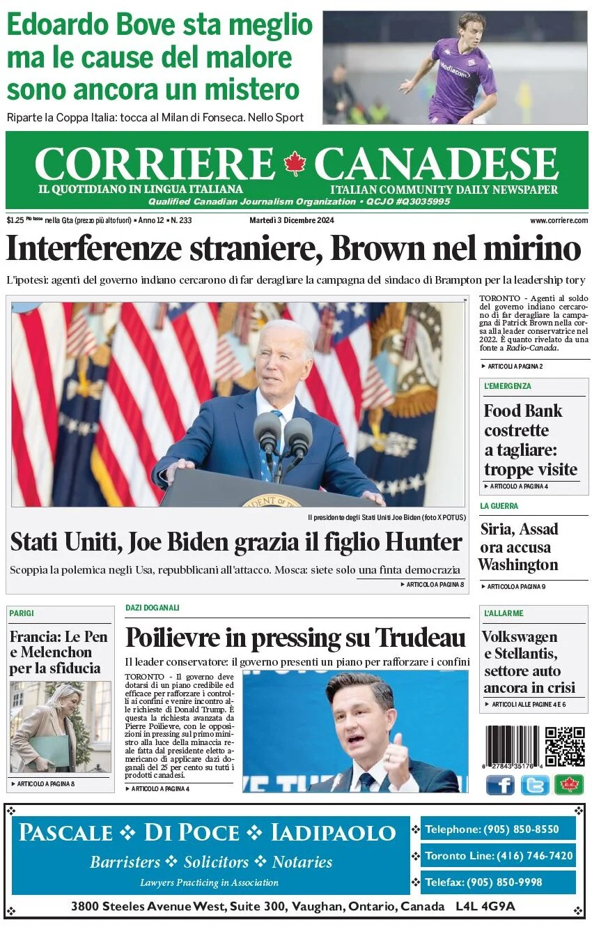 anteprima della prima pagina di corriere-canadese del 03/12/2024