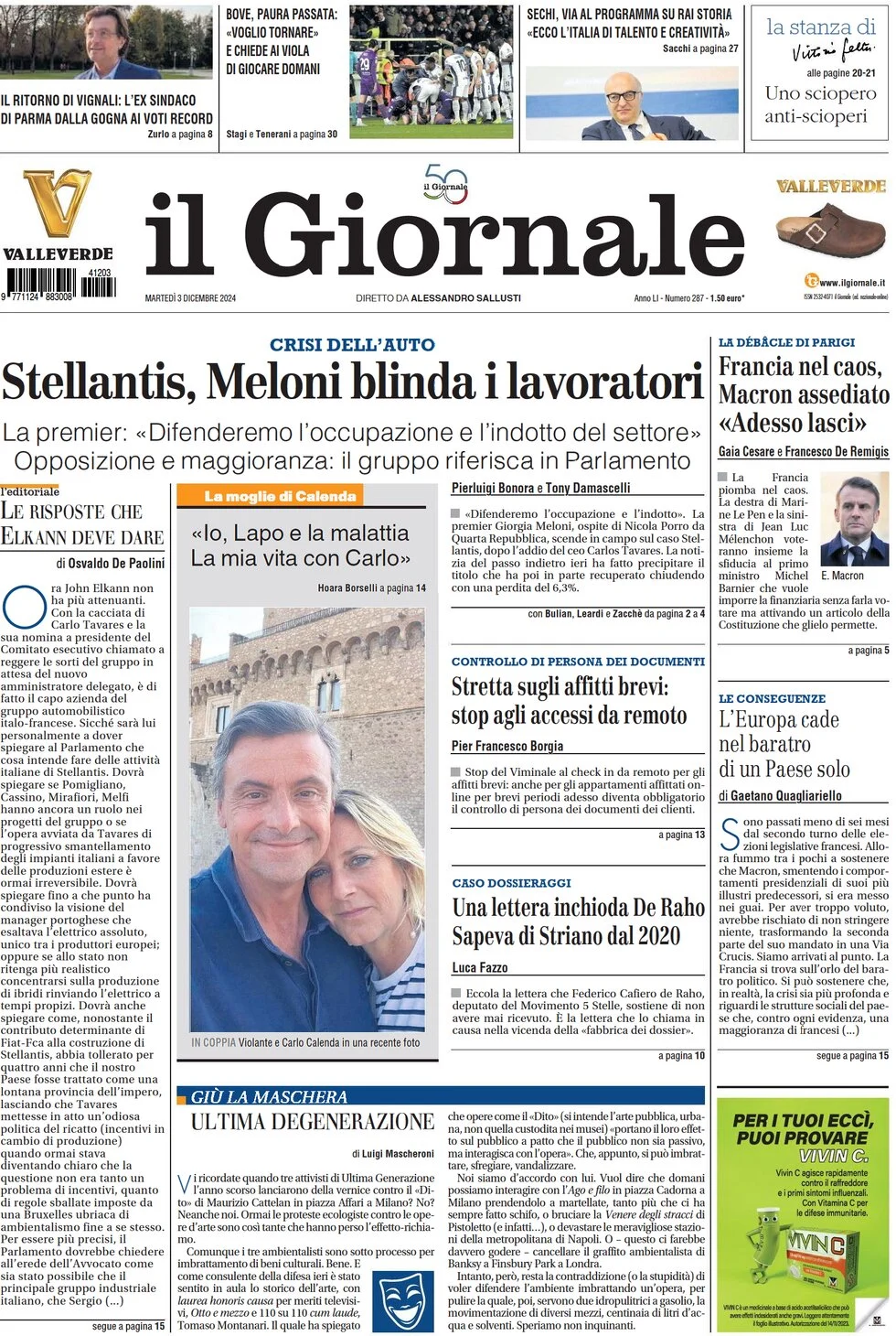 anteprima della prima pagina di il-giornale del 03/12/2024