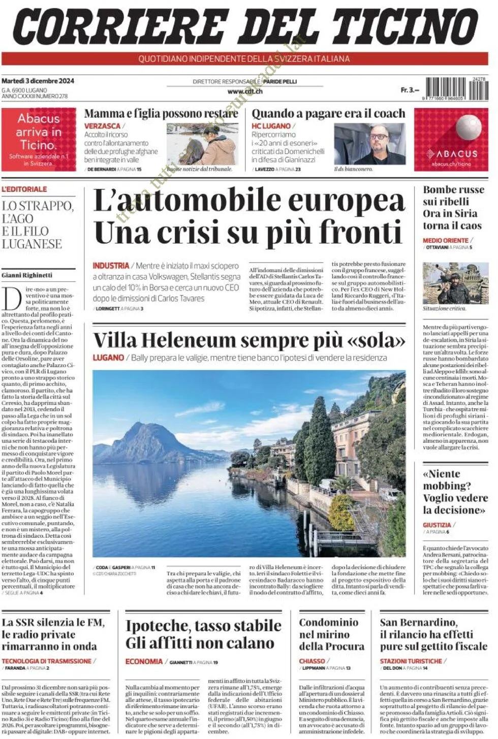 anteprima della prima pagina di corriere-del-ticino del 03/12/2024