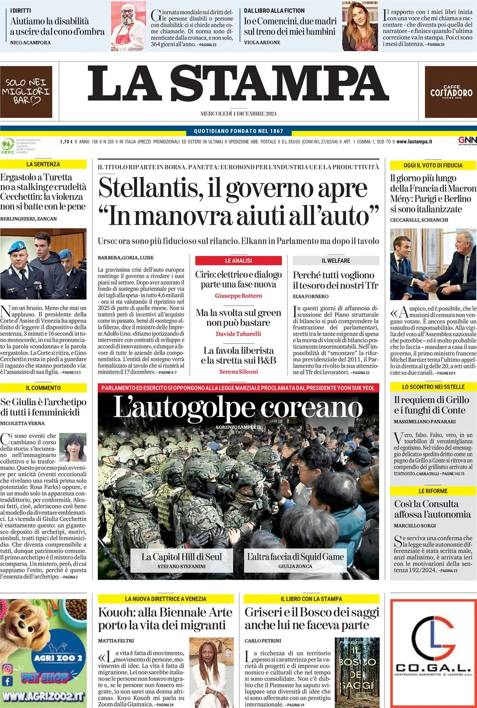 anteprima della prima pagina di la-stampa del 04/12/2024