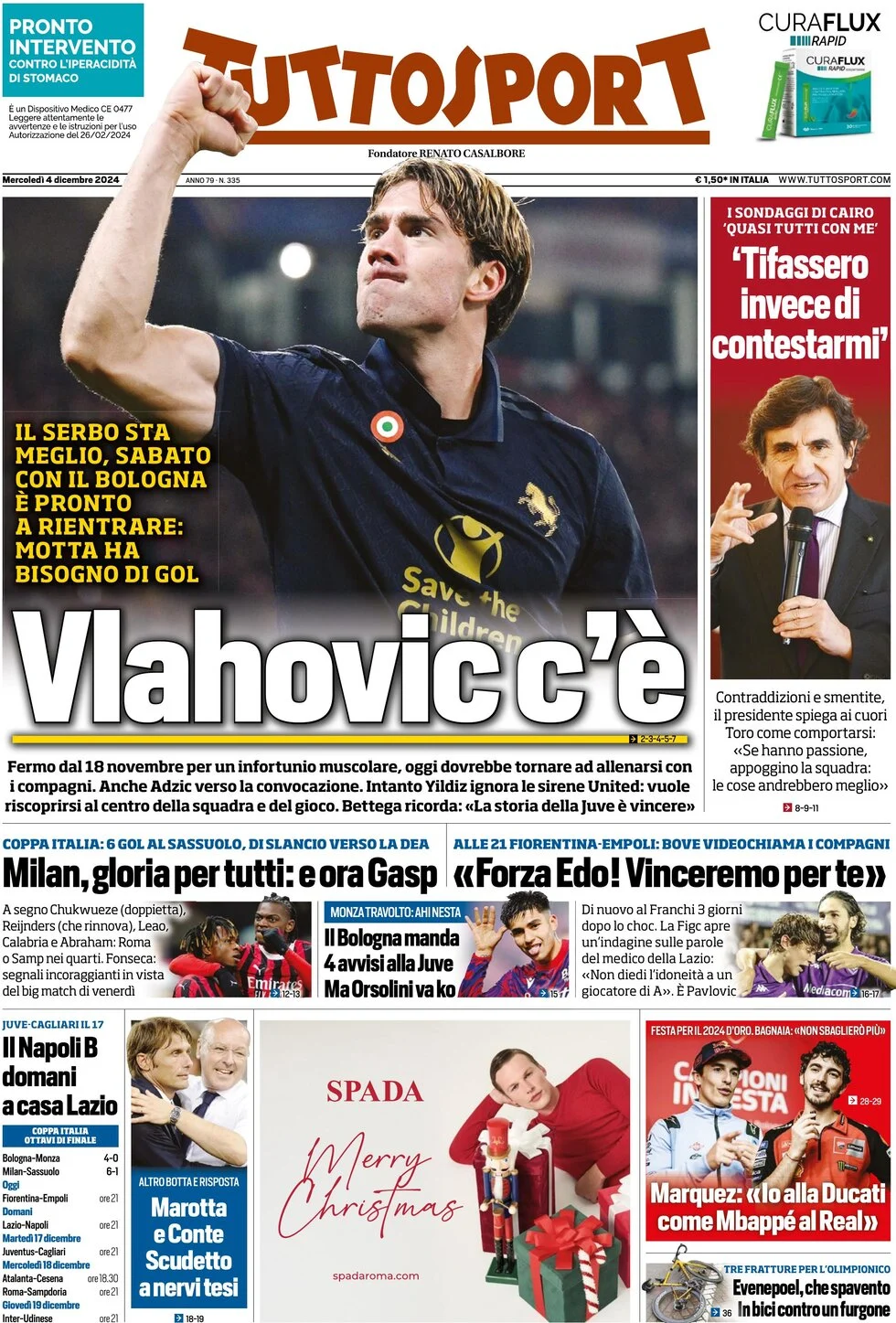 anteprima della prima pagina di tuttosport del 04/12/2024