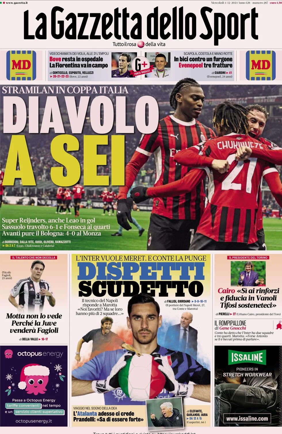 anteprima della prima pagina di la-gazzetta-dello-sport del 04/12/2024