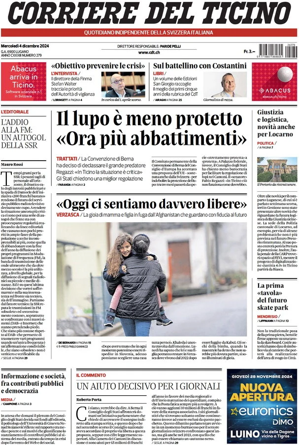 anteprima della prima pagina di corriere-del-ticino del 04/12/2024