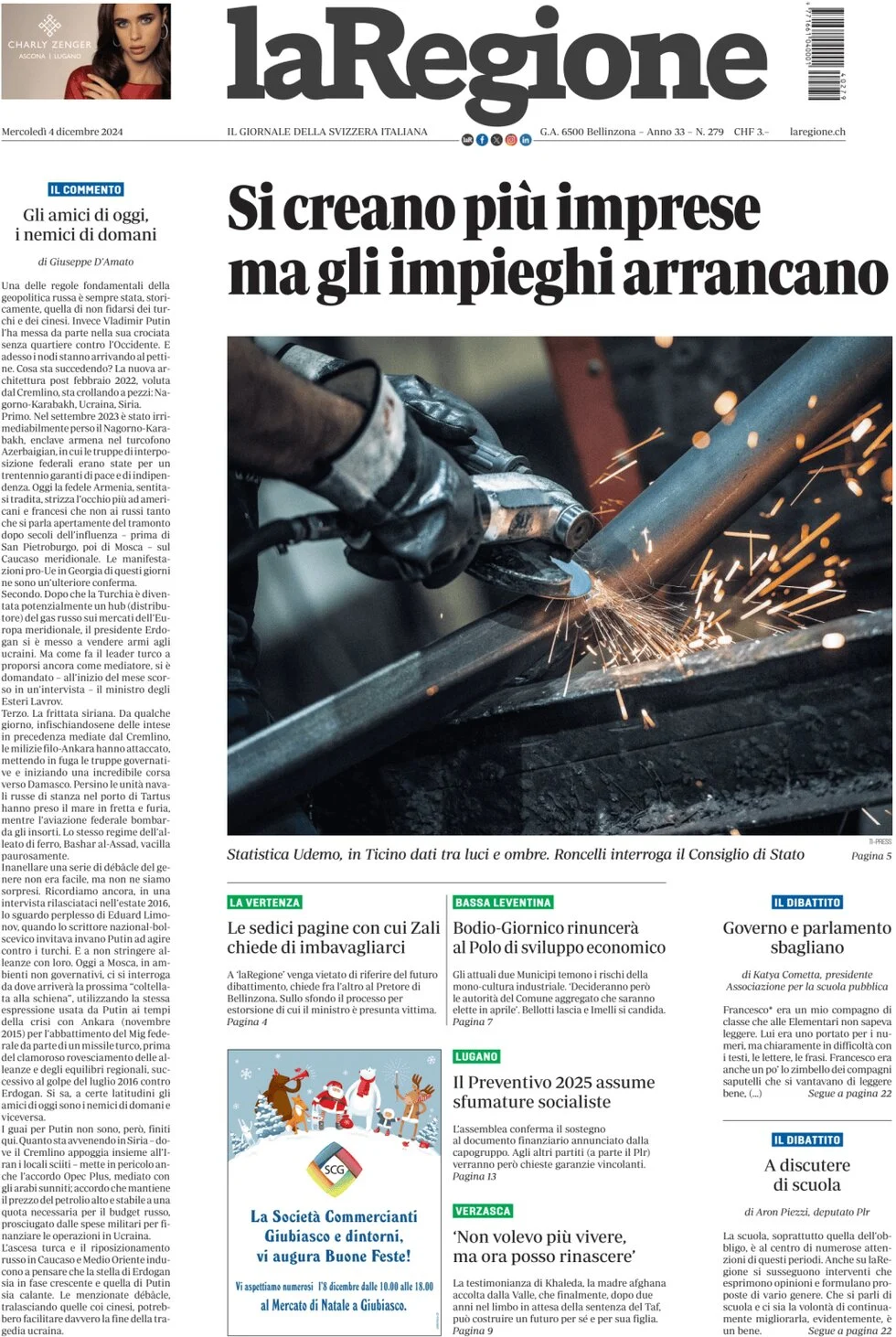 anteprima della prima pagina di la-regione del 04/12/2024