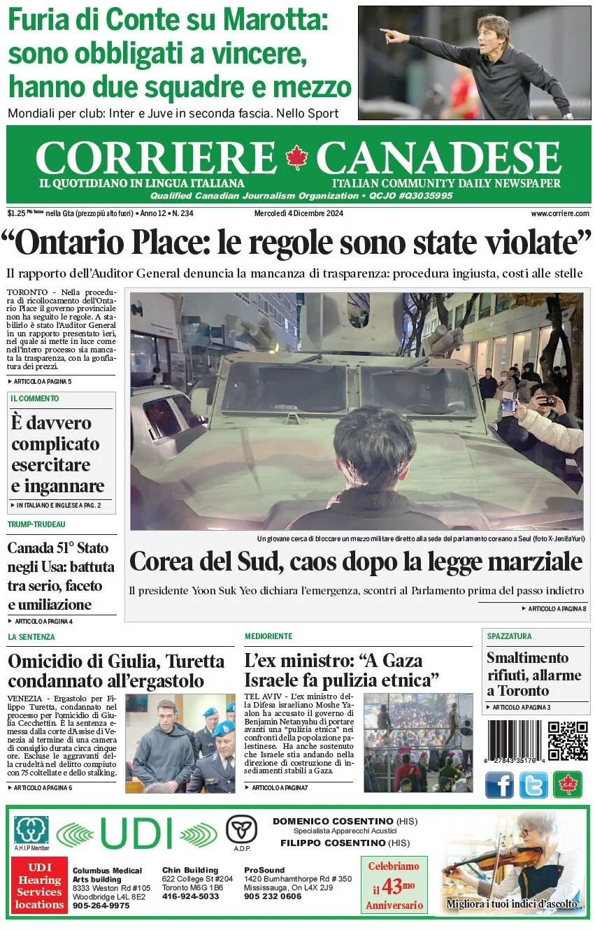 anteprima della prima pagina di corriere-canadese del 04/12/2024
