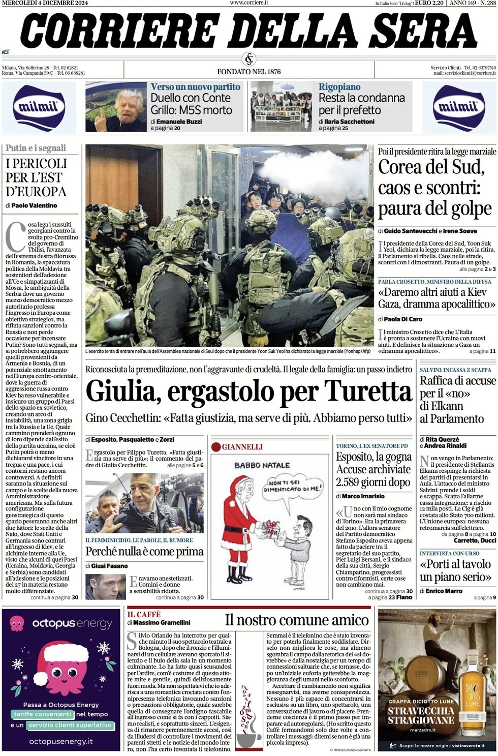 anteprima della prima pagina di corriere-della-sera del 04/12/2024