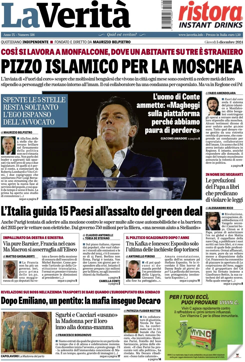anteprima della prima pagina di la-verit del 05/12/2024