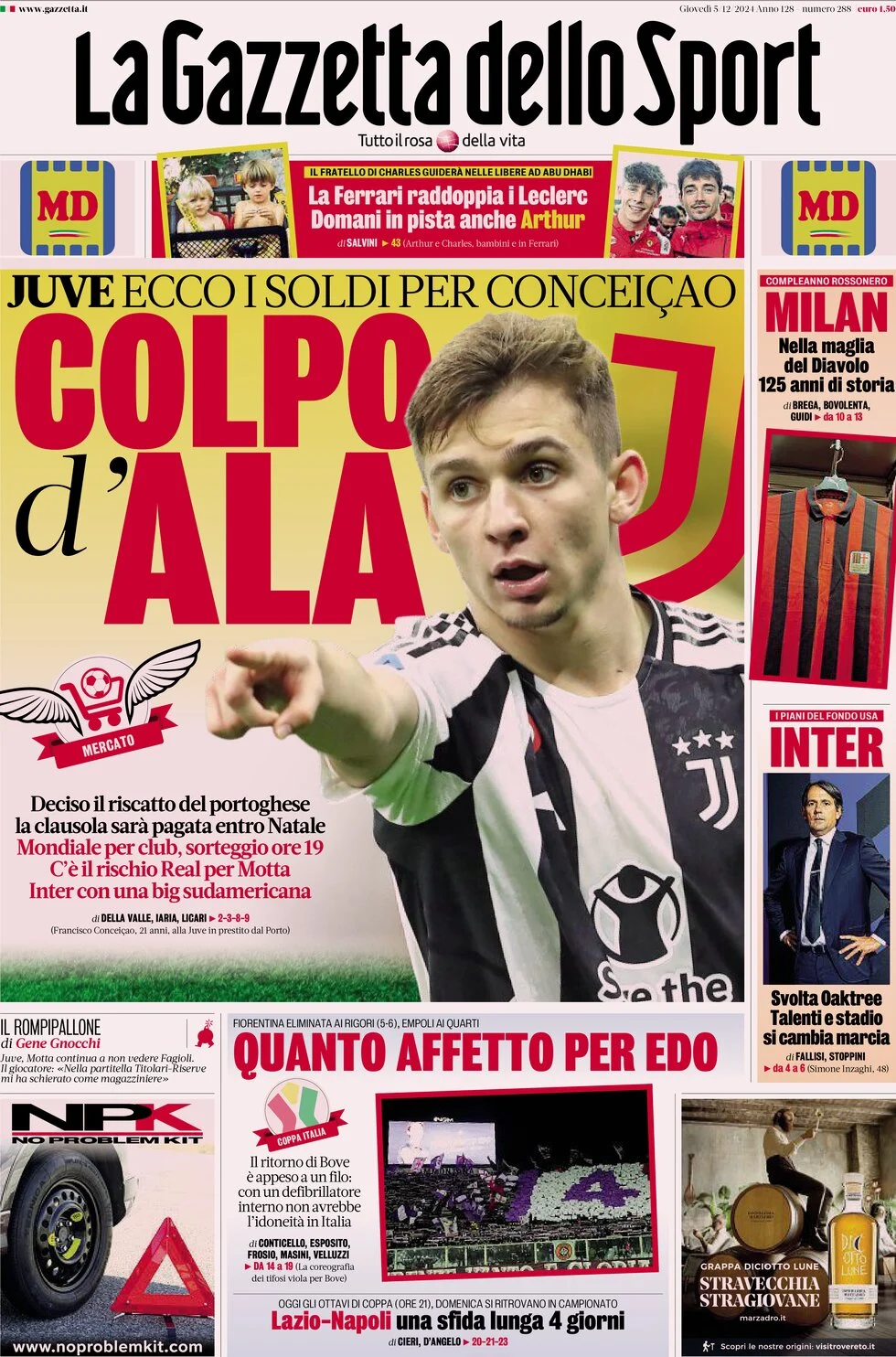 anteprima della prima pagina di la-gazzetta-dello-sport del 05/12/2024