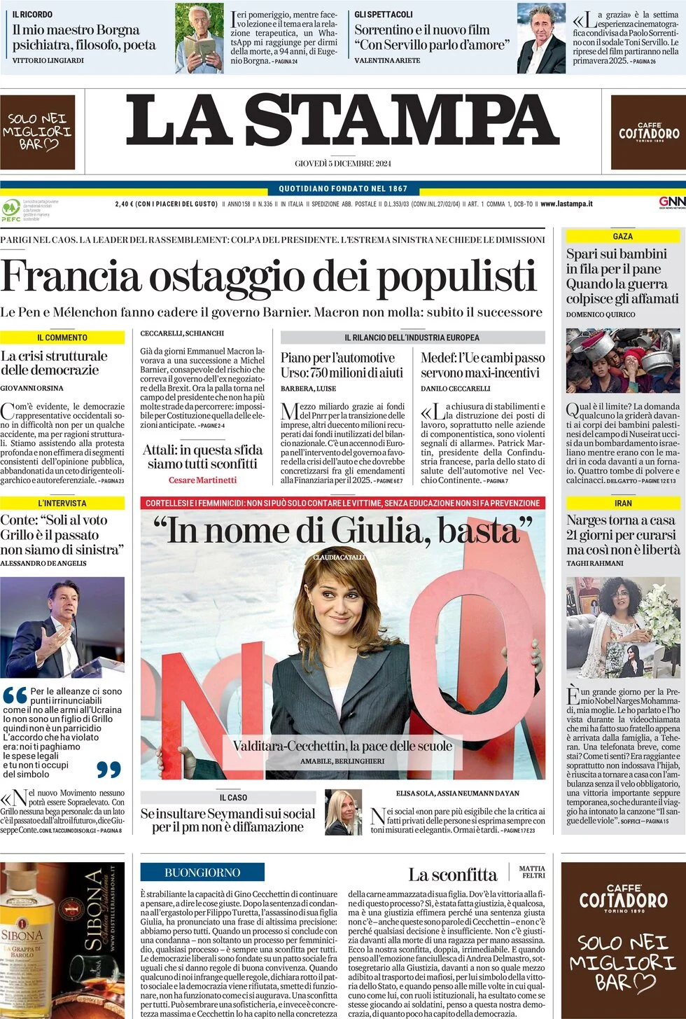 anteprima della prima pagina di la-stampa del 05/12/2024