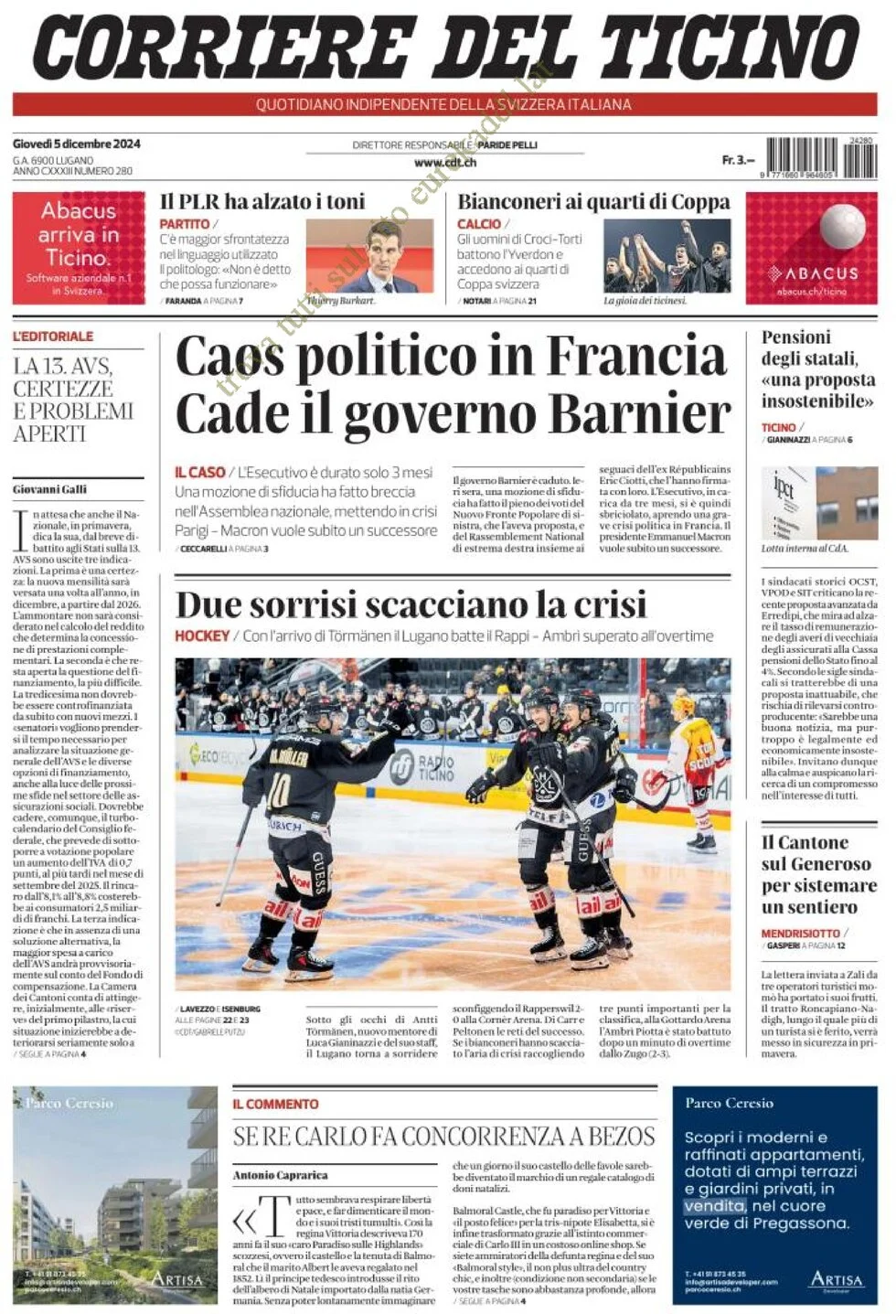 anteprima della prima pagina di corriere-del-ticino del 05/12/2024