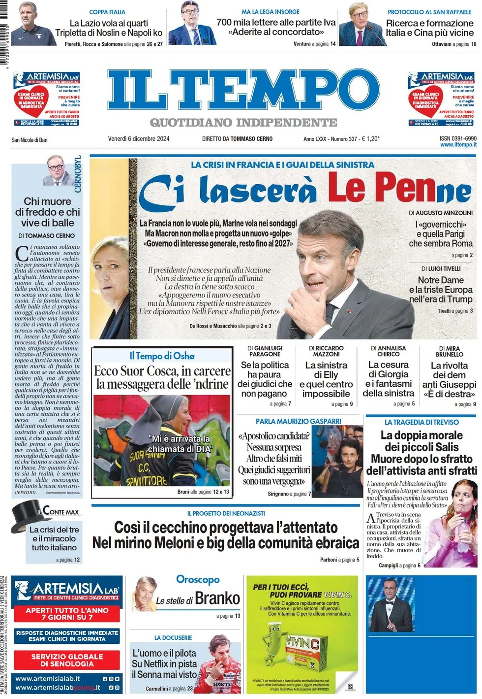 anteprima della prima pagina di il-tempo del 06/12/2024