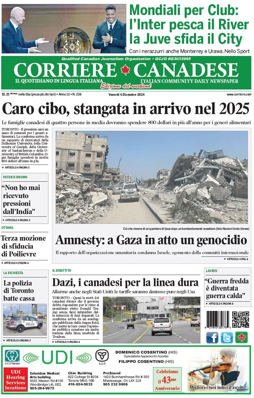 anteprima della prima pagina di corriere-canadese del 06/12/2024
