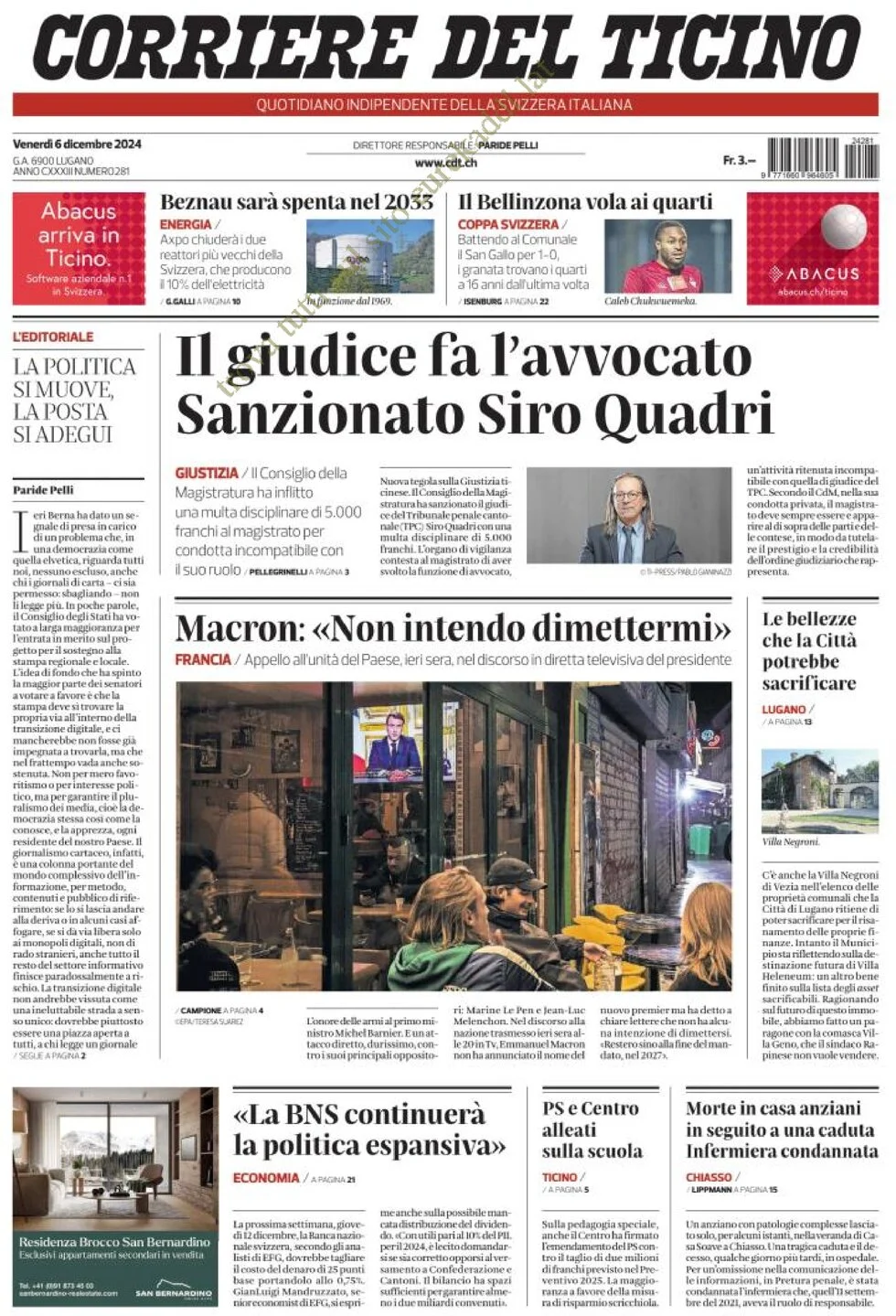 anteprima della prima pagina di corriere-del-ticino del 06/12/2024