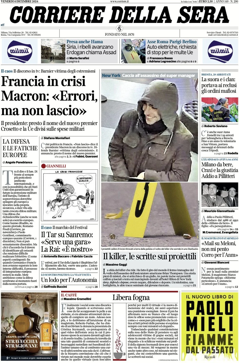 anteprima della prima pagina di corriere-della-sera del 06/12/2024