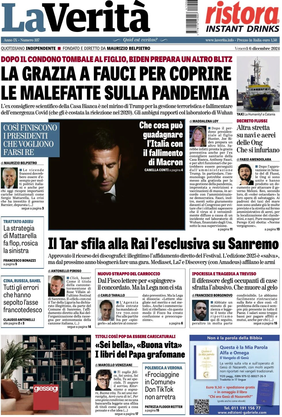 anteprima della prima pagina di la-verit del 06/12/2024