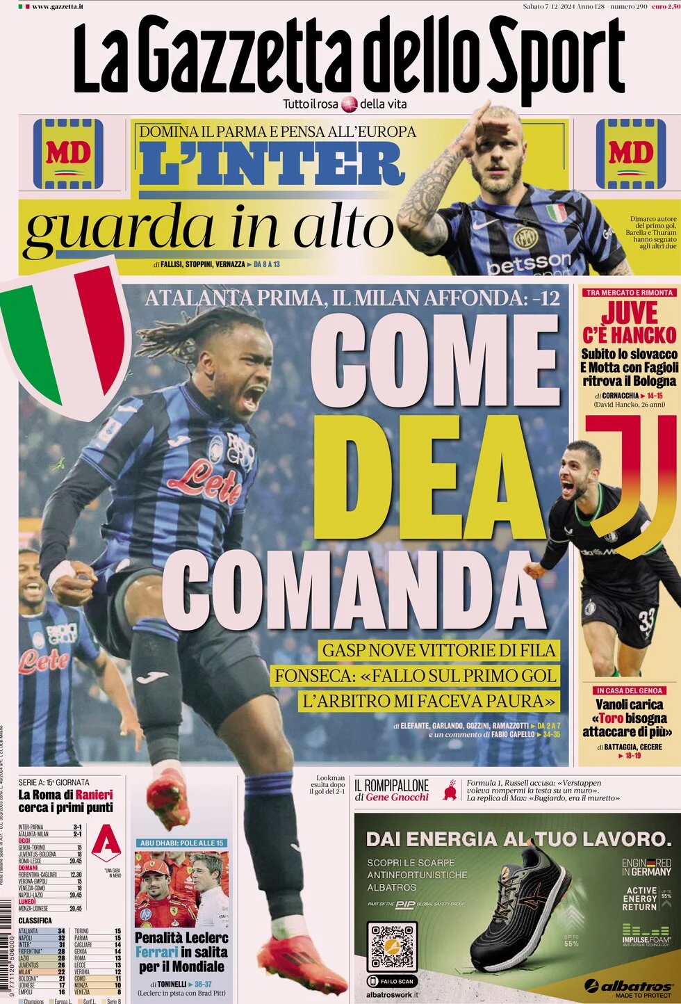 anteprima della prima pagina di la-gazzetta-dello-sport del 07/12/2024