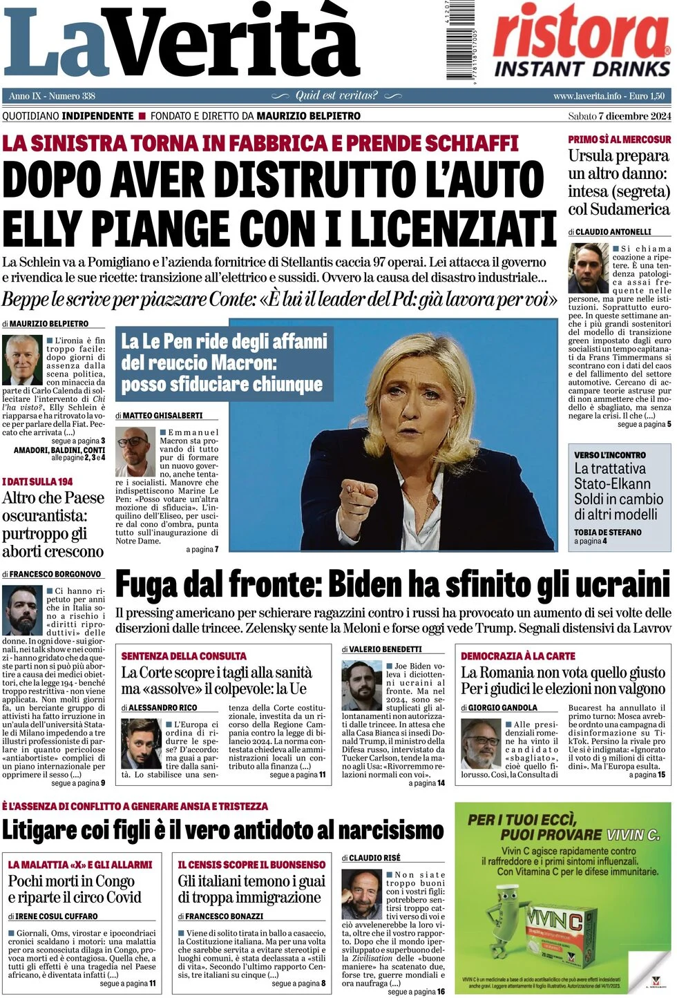anteprima della prima pagina di la-verit del 07/12/2024