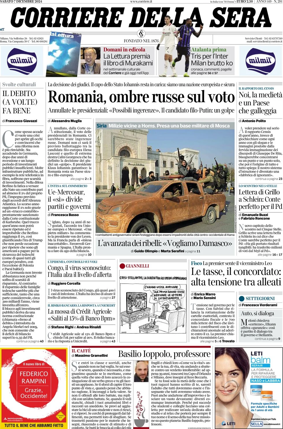 anteprima della prima pagina di corriere-della-sera del 07/12/2024