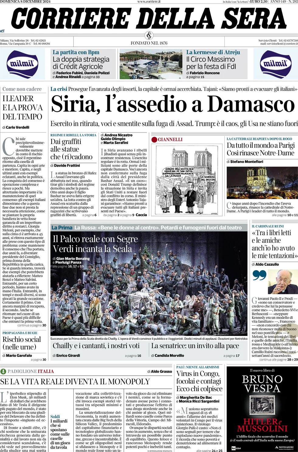 anteprima della prima pagina di corriere-della-sera del 08/12/2024