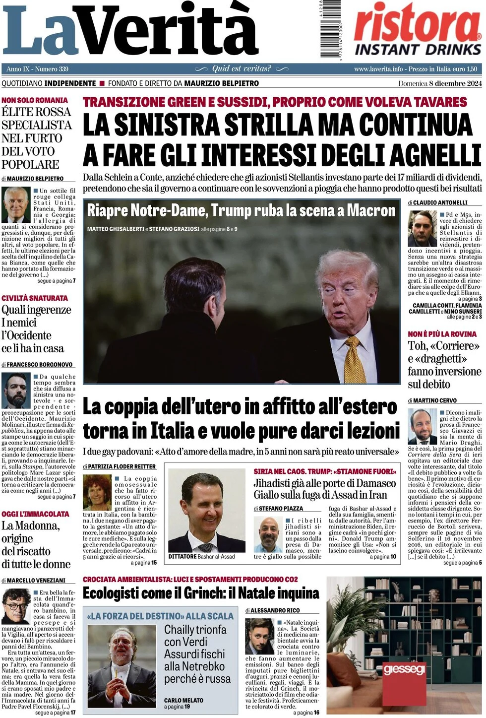 anteprima della prima pagina di la-verit del 08/12/2024