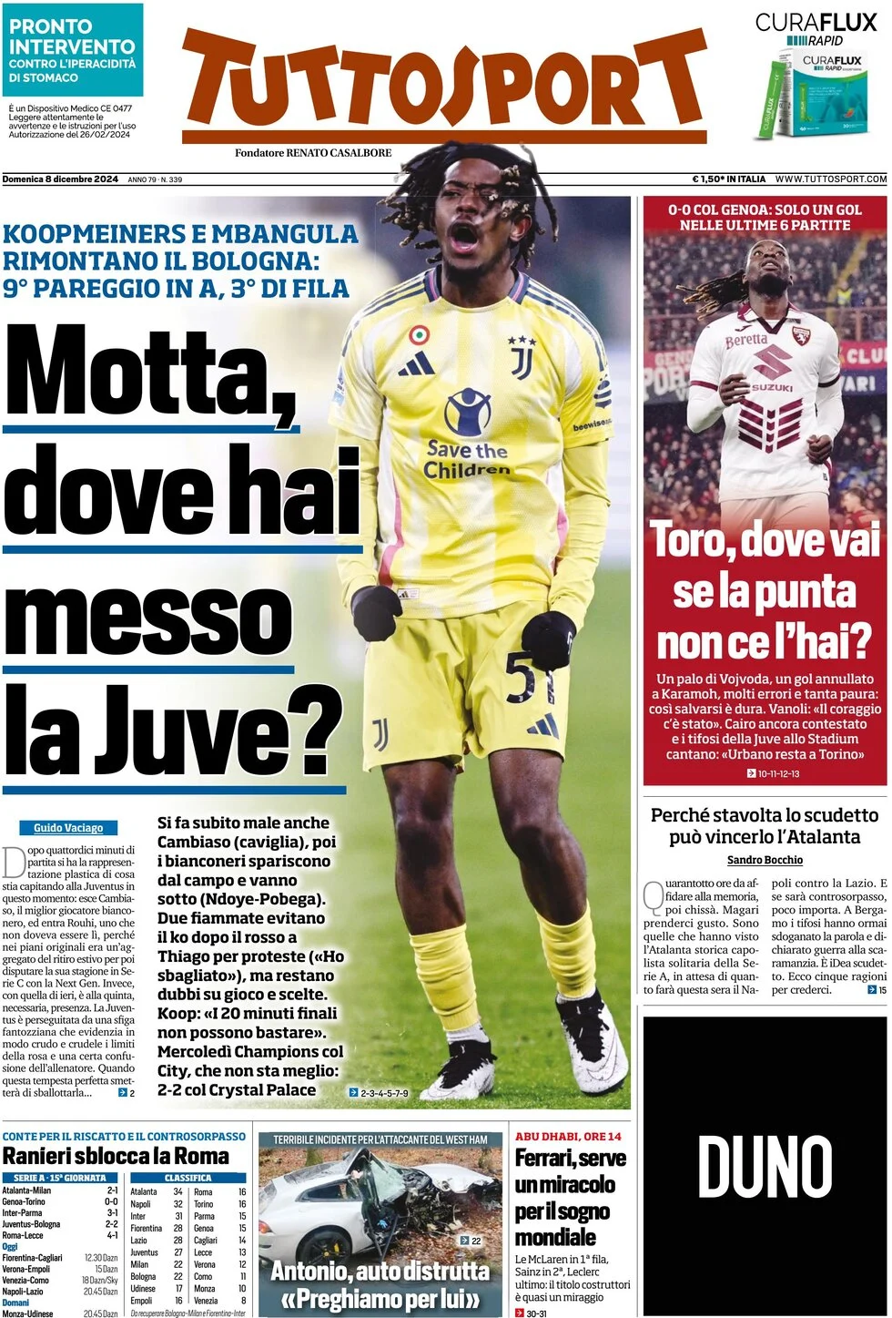 anteprima della prima pagina di tuttosport del 08/12/2024
