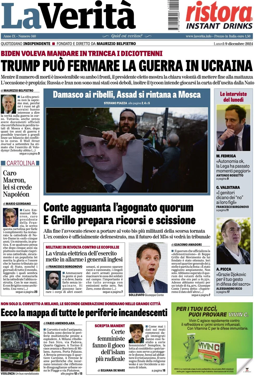 anteprima della prima pagina di la-verit del 09/12/2024