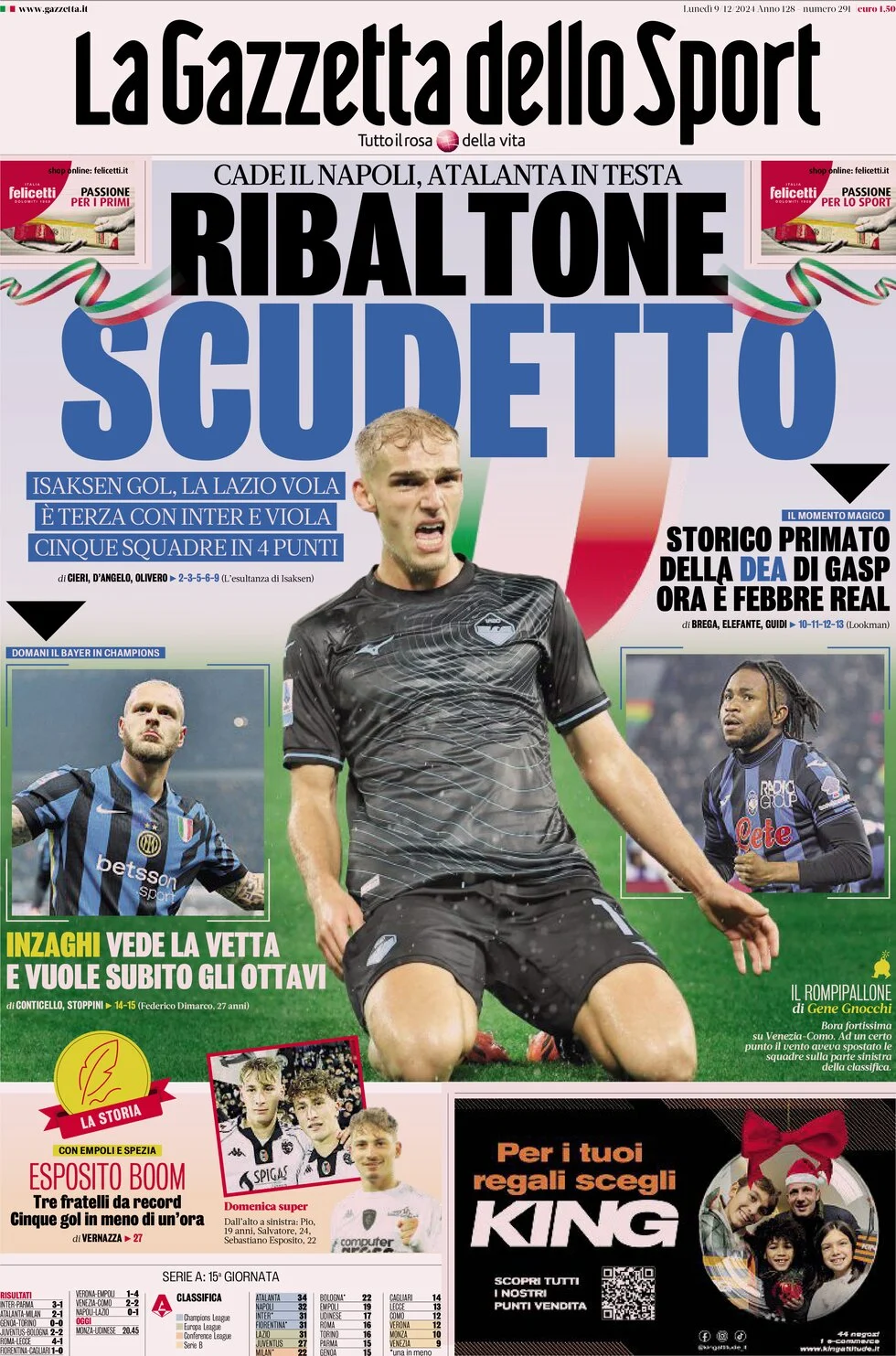 anteprima della prima pagina di la-gazzetta-dello-sport del 09/12/2024