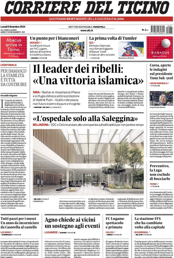 anteprima della prima pagina di corriere-del-ticino del 09/12/2024