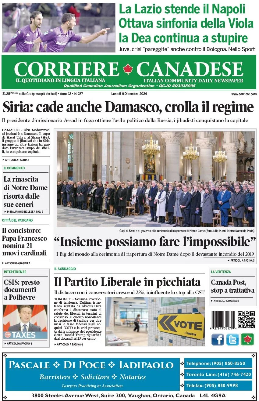 anteprima della prima pagina di corriere-canadese del 09/12/2024