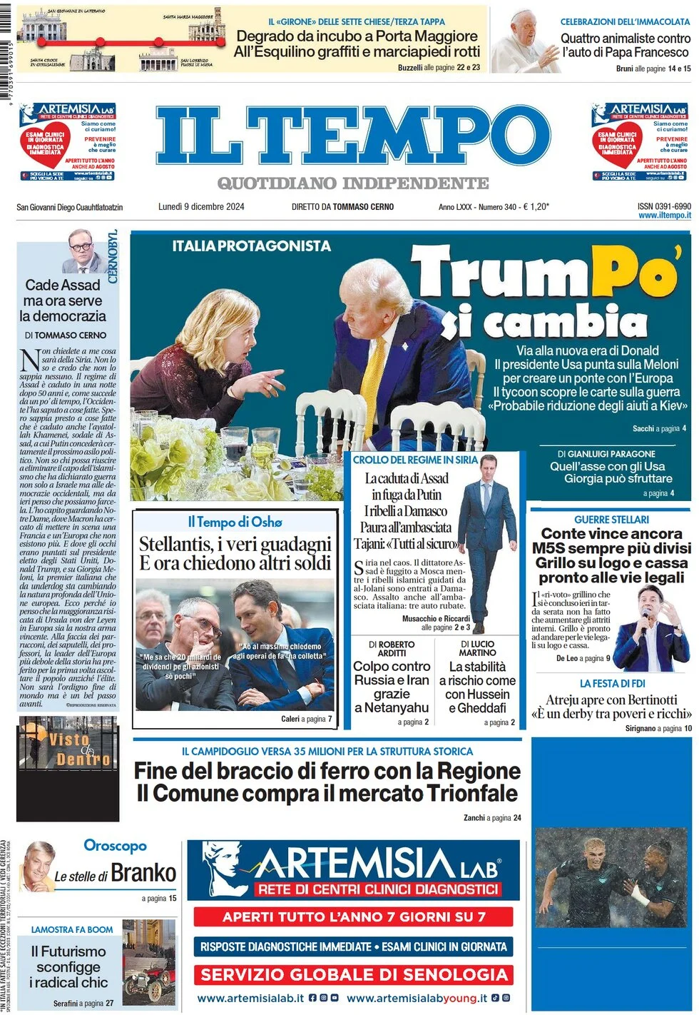 anteprima della prima pagina di il-tempo del 09/12/2024