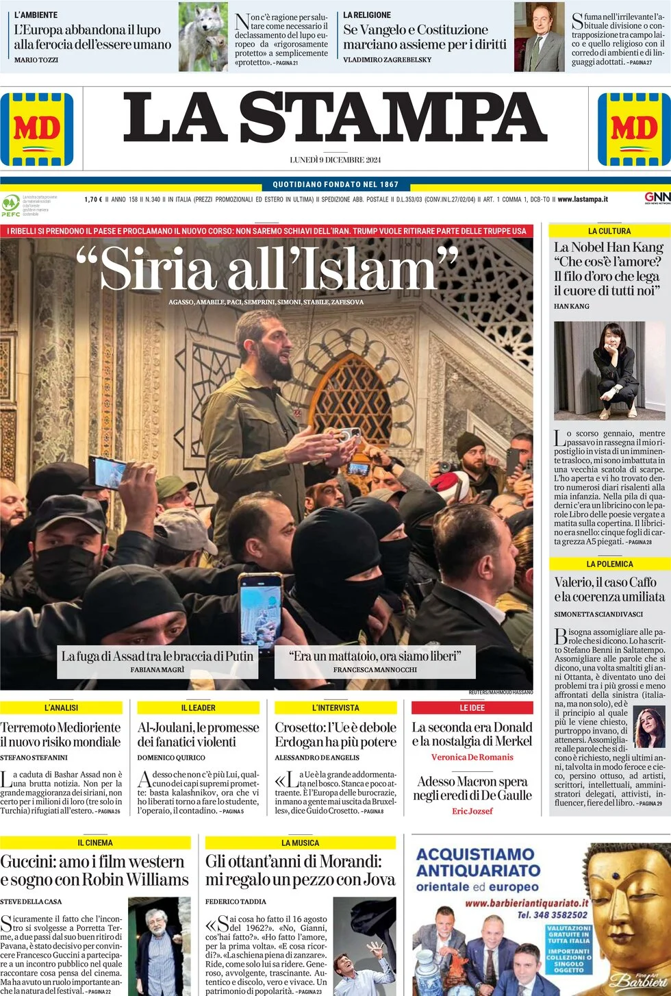 anteprima della prima pagina di la-stampa del 09/12/2024