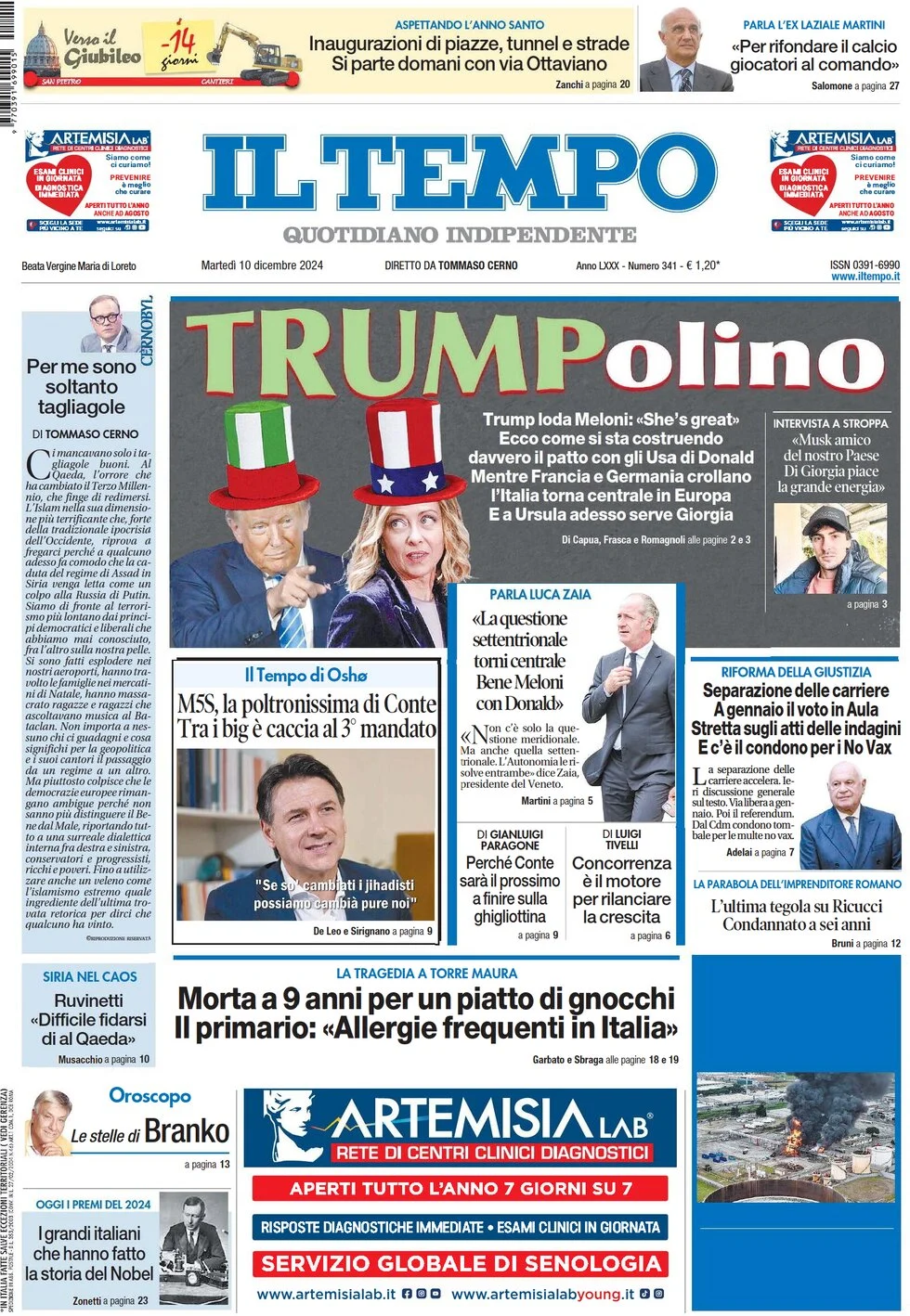 anteprima della prima pagina di il-tempo del 10/12/2024