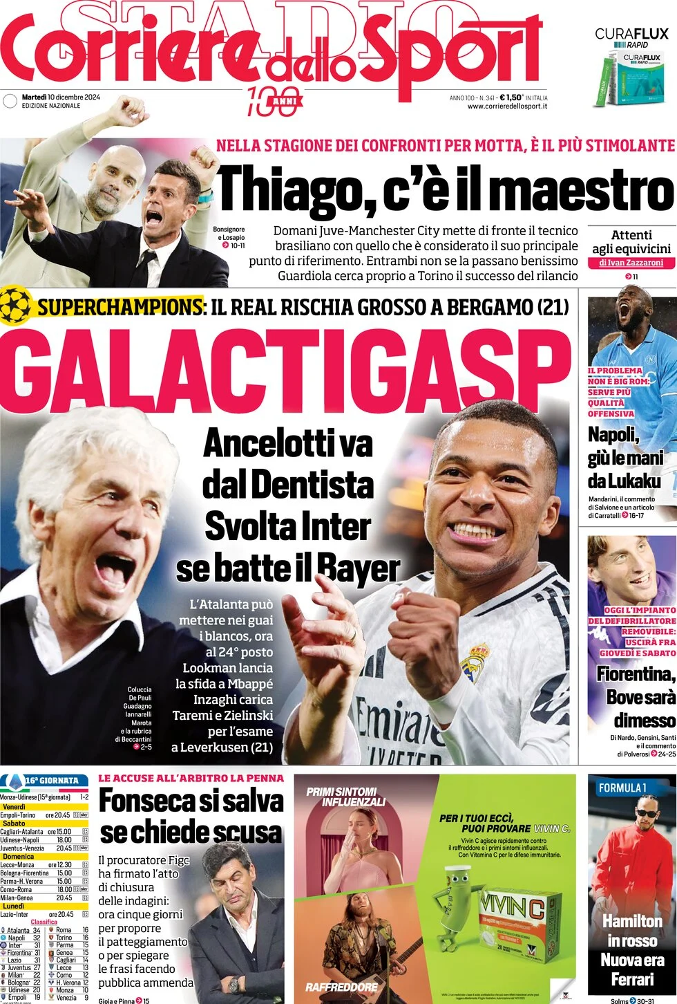 anteprima della prima pagina di corriere-dello-sport del 10/12/2024